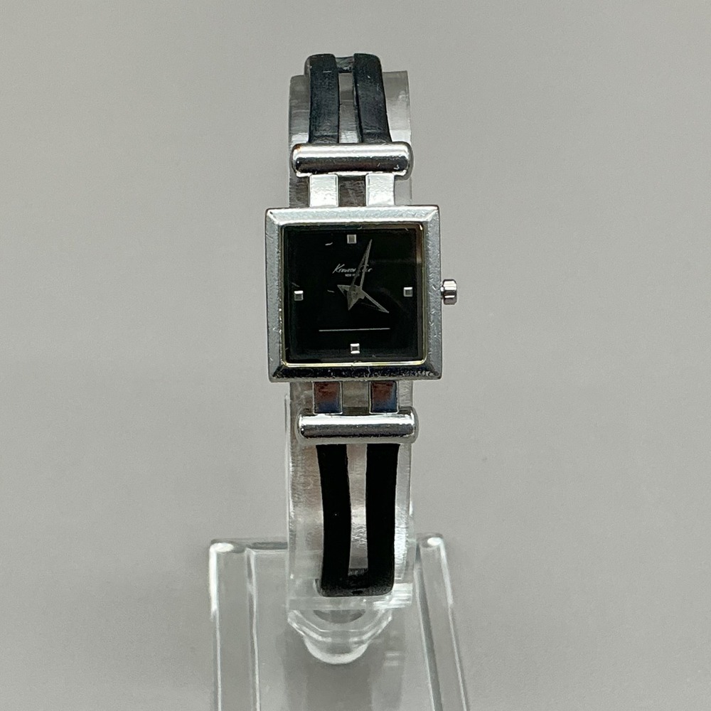 Kenneth Cole Watch Women's KC2414 Silver Black Square Leather Quartz NEW BATTERY